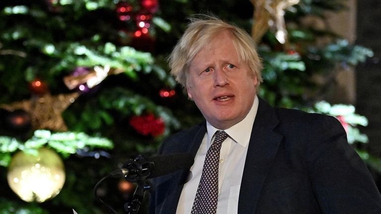 Prime Minister Boris Johnson makes a speech as he visits a UK Food and Drinks market 