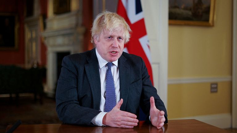 British Prime Minister Boris Johnson records an address to the nation, to provide an update on the booster vaccine COVID-19 programme at Downing Street, London