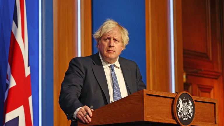 Prime Minister Boris Johnson speaking at a press conference in London&#39;s Downing Street after ministers met to consider imposing new restrictions in response to rising cases and the spread of the Omicron variant. Picture date: Wednesday December 8, 2021. 