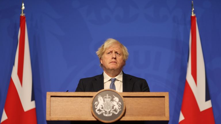 Prime Minister Boris Johnson during a press conference in London&#39;s Downing Street after ministers met to consider imposing new restrictions in response to rising cases and the spread of the Omicron variant. Picture date: Wednesday December 8, 2021.
