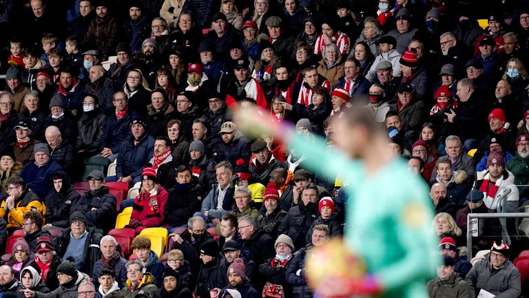A general view of fans in the stands during the Premier League match at the Brentford Community Stadium