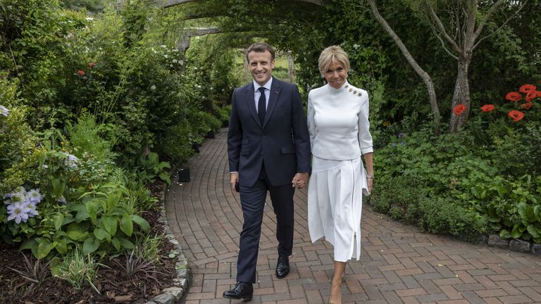 French President Emmanuel Macron and wife Brigitte attend a reception at the Eden Project during the G7 summit in Cornwall
