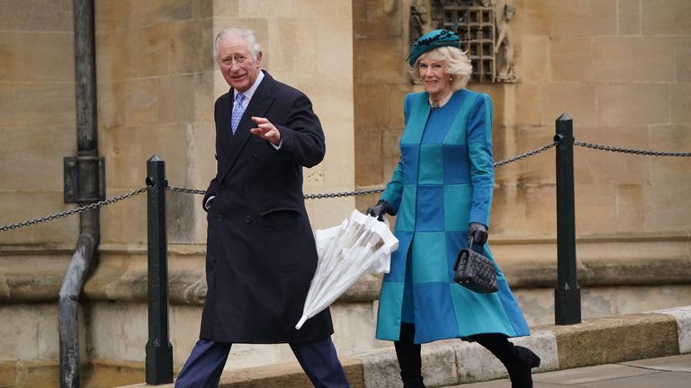 The Prince of Wales and the Duchess of Cornwall arrive to attend the Christmas Day morning church service at St George&#39;s Chapel, Windsor Castle. Picture date: Saturday December 25, 2021.
