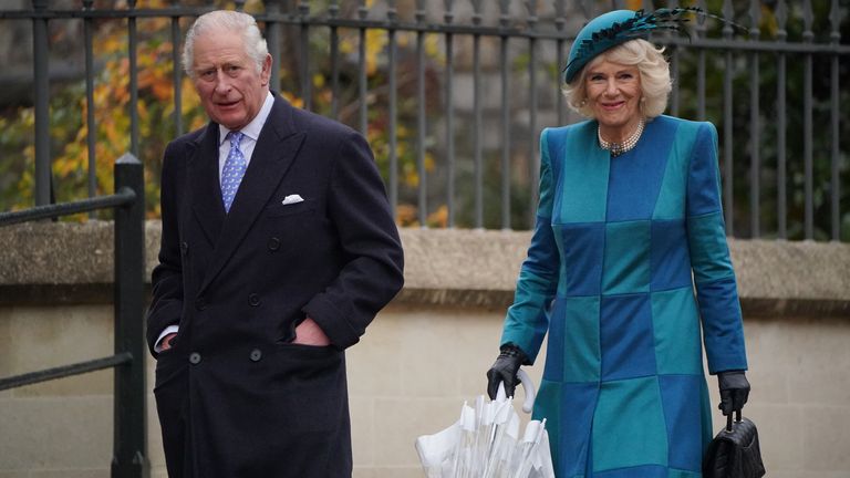 The Prince of Wales and the Duchess of Cornwall arrive to attend the Christmas Day morning church service at St George&#39;s Chapel, Windsor Castle. Picture date: Saturday December 25, 2021.
