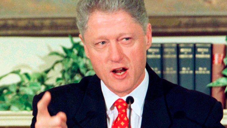 Former U.S. President Bill Clinton denies allegations of a sexual relationship with former White House intern Monica Lewinsky during a White House event unveiling new child care proposals in this January 26, 1998 file photo.
