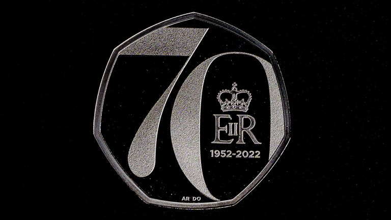 EMBARGOED TO 0001 WEDNESDAY DECEMBER 28 A Platinum Jubilee of Her Majesty the Queen 50p coin, part of the release of five new Royal Mint coin designs for 2022, celebrating key events and anniversaries throughout the year, including a 50p and a ..5 crown in celebration of Her Majesty the Queen&#39;s Platinum Jubilee. Each of the coins features a new and unique design by a commissioned artist and the obverse portrait of Her Majesty the Queen, designed by Jody Clark. Issue date: Wednesday December 28, 2021.