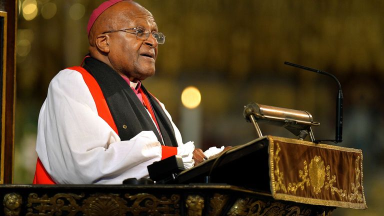 Archbishop Desmond Tutu speaks at Westminster Abbey in London during a memorial service for the former South African president Nelson Mandela.