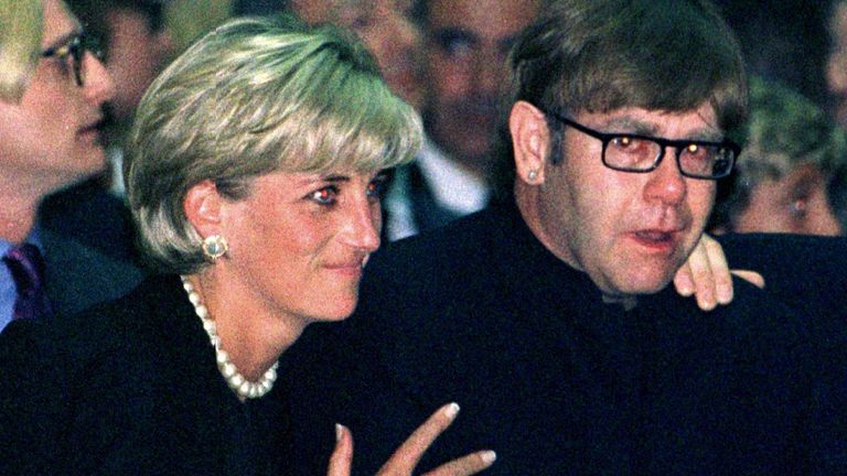 FILE PHOTO, 22JUL97 - Princess Diana comforts pop star Elton John as he weeps openly at a memorial mass for Italian Fashion King Gianni Versace in Milan, Italy, July 22, 1997. Next Monday, August 31, marks the first annniversary of the death of Princess Diana and her millionaire companion Dodi al Fayed. AML/KC
