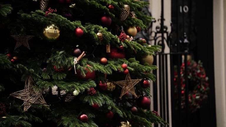 Ornaments and baubles hang from the Christmas tree outside 10 Downing Street