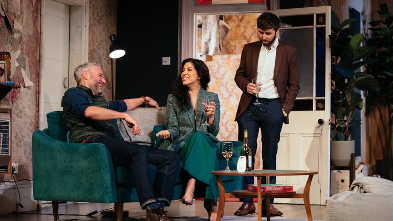 Elliot Cowan, Stephanie Beatriz and James Buckley in 2:22 A Ghost Story. Pic: Helen Murray