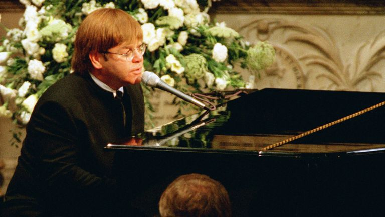 File photo dated 6/9/1997 of singer Elton John performing a rewritten version of his song &#39;Candle in the wind&#39; as a tribute to Diana, Princess of Wales, at her funeral. The Dean of Westminster personally appealed to Buckingham Palace to allow Sir Elton John to deliver his famous rendition of Candle In The Wind at the funeral of Diana, Princess of Wales, according to newly released government files. Issue date: Thursday December 30, 2021.

