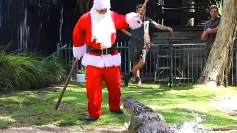 Father Christmas feeds Elvis the crocodile