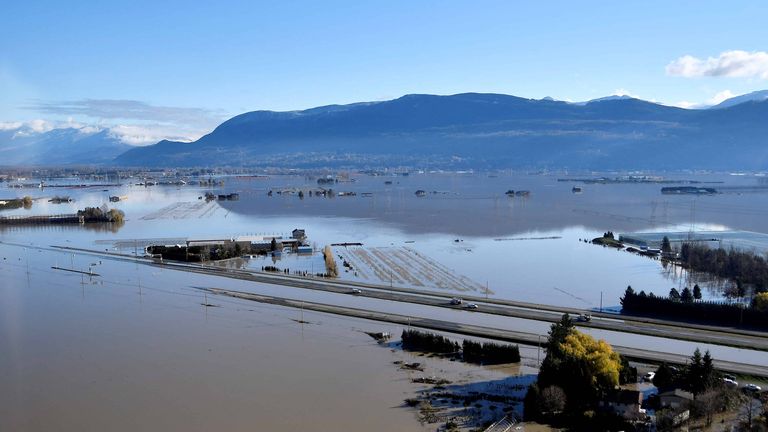 The Trans Canada highway was submerged by the flood water in British Columbia