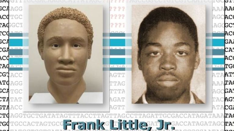 A clay model facial reconstruction and an original image of Frank Little Jnr (Pic: DnaDoeProject.org)