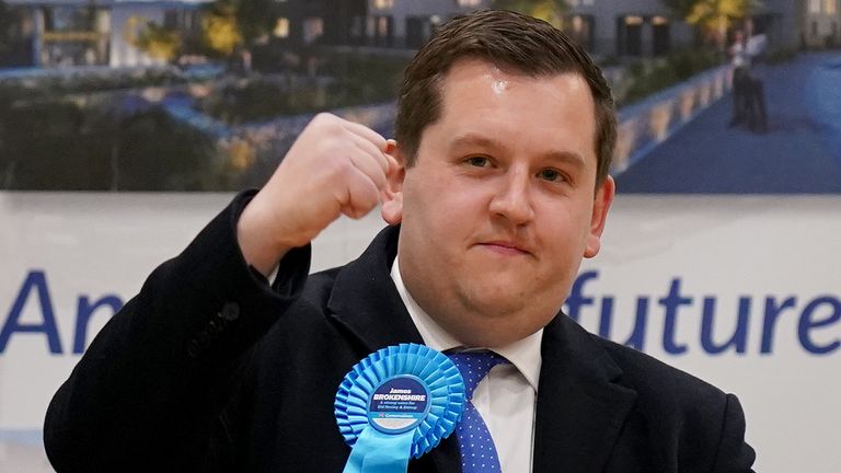 Conservative candidate Louie French celebrates victory in the Old Bexley and Sidcup by-election at Crook Log Leisure Centre in Bexleyheath, Kent. Picture date: Thursday December 2, 2021.
