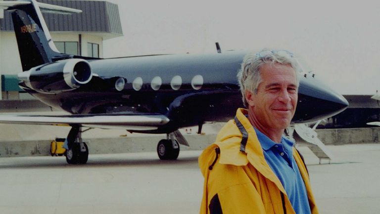 Undated handout photo issued by US Department of Justice of Jeffrey EPstein standing in front of his second private plane, which has been shown to the court during the sex trafficking trial of Ghislaine Maxwell in the Southern District of New York where she is accused of preying on vulnerable young girls and luring them to massage rooms to be molested by Jeffrey Epstein between 1994 and 2004. Issue date: Thursday December 2, 2021.
