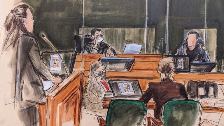 Court sketch shows Assistant US Attorney Maurene Comey (left) questioning witness Shawn (right). Pic: AP
