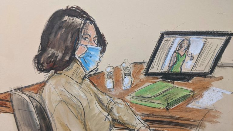 A courtroom sketch shows Ghislaine Maxwell seated at the defence table while watching testimony of witnesses during her trial. Pic: AP