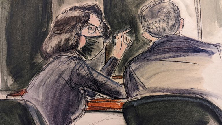 Ghislaine Maxwell, seated left speaks to her defense attorney. Pic: AP