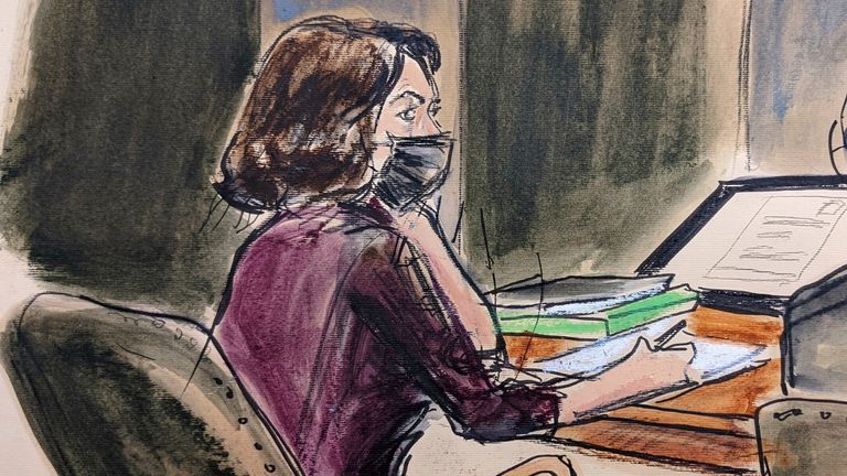 A courtroom sketch of Ghislaine Maxwell during the trial. Pic: AP