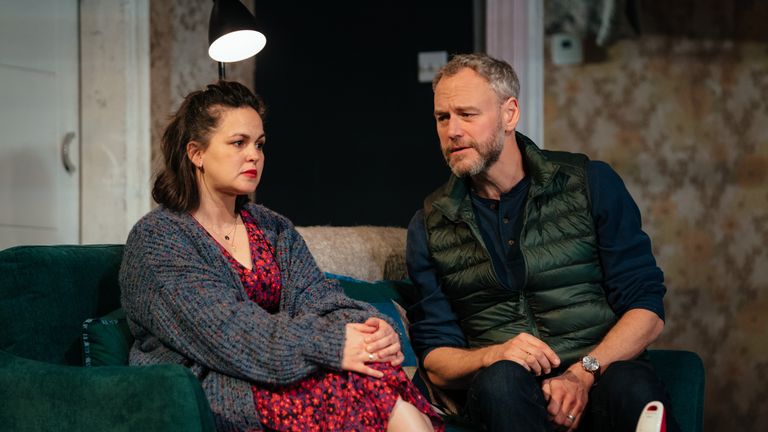 Giovanna Fletcher and Elliot Cowan in 2:22 A Ghost Story. Pic: Helen Murray