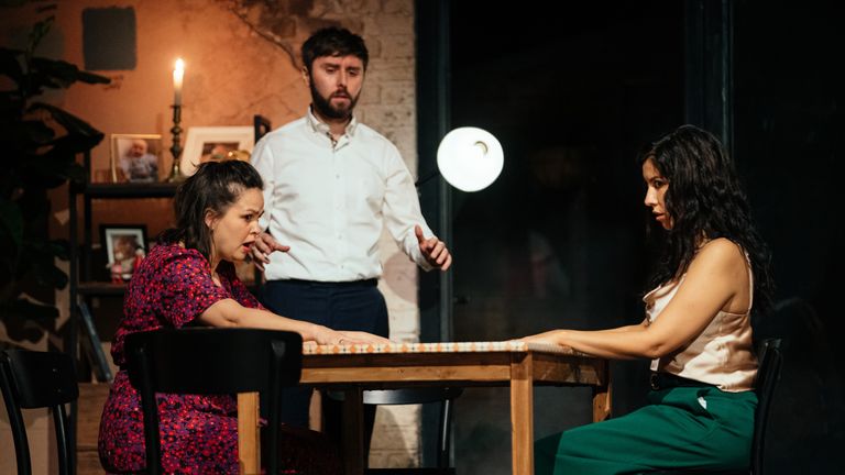 Giovanna Fletcher, James Buckley and Stephanie Beatriz in 2:22 A Ghost Story. Pic: Helen Murray 