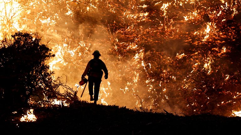 A firefighter works as the Caldor Fire burns in Grizzly Flats, California, U.S., August 22, 2021