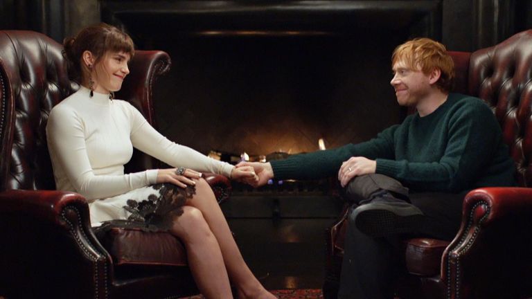 Emma Watson and Rupert Grint who play Hermione Granger and Ron Weasley in the Harry Potter films are reunited for 'Return to Hogwarts' - a special 20th anniversary programme