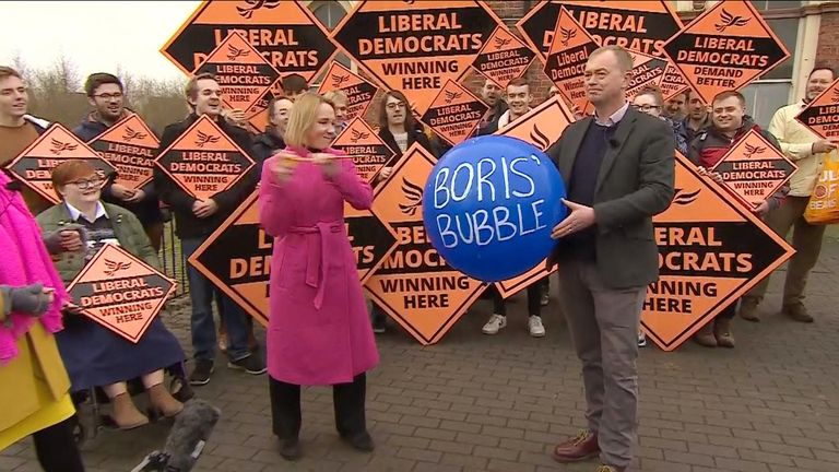 At a rally following their by-election win, the Liberal Democrats have given a more literal meaning to bursting the prime minister&#39;s bubble. 

Newly-elected North Shropshire MP Helen Morgan used a stick to burst a balloon that had the words &#39;Boris&#39; bubble&#39; scrawled across it, and was met with cheers from Lib Dem supporters.