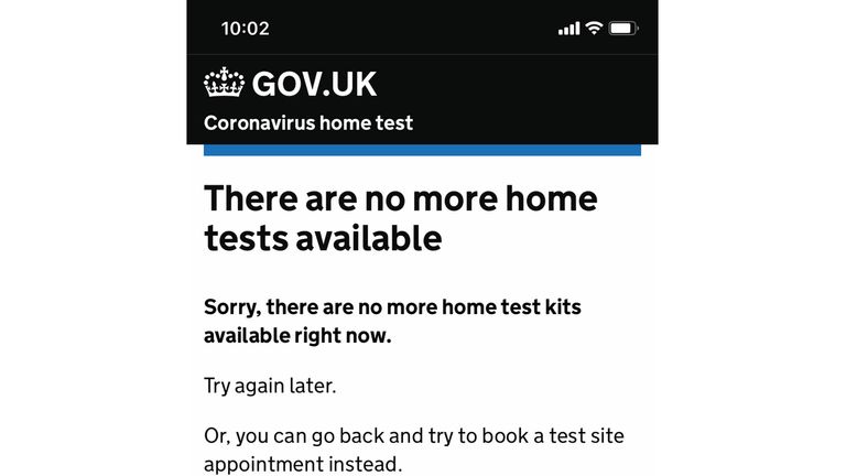 Capture d'écran de Gov.uk disant qu'il n'y a plus de tests à domicile disponibles