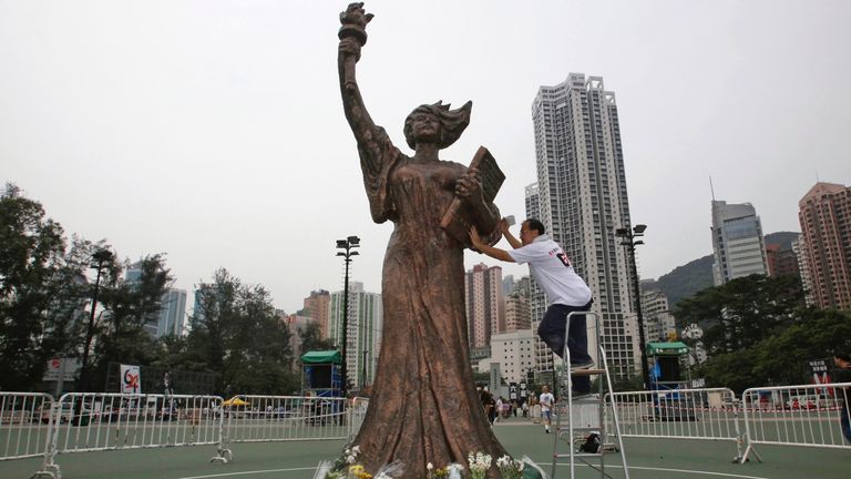The "Goddess of Democracy" statue was taken down by the Chinese University of Hong Kong in the latest crackdown on Tiananmen Square memorials. File pic