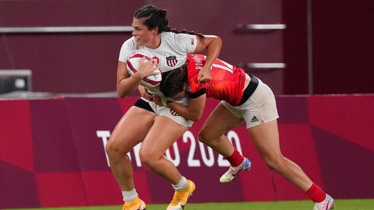 Ilona Maher (with the ball) plays for the US Women&#39;s Rugby Sevens team. Pic: AP