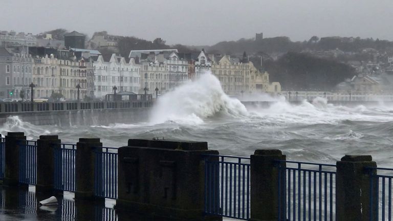 Waves break on the waterfront as storm Barra brings severe weather to Douglas, Isle of Man December 7, 2021 in this screen grab taken from a social media video. Twitter/@Meraki_IoM via REUTERS THIS IMAGE HAS BEEN SUPPLIED BY A THIRD PARTY. NO RESALES. NO ARCHIVES. MANDATORY CREDIT.
