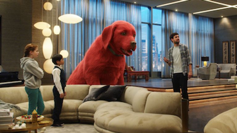 L-R: Darby Camp, Izaac Wang, and Jack Whitehall in CLIFFORD THE BIG RED DOG. Pic: Paramount Pictures