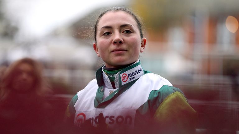 Jockey Bryony Frost after winning the Molton Brown Novices&#39; Hurdle with Flemenstide