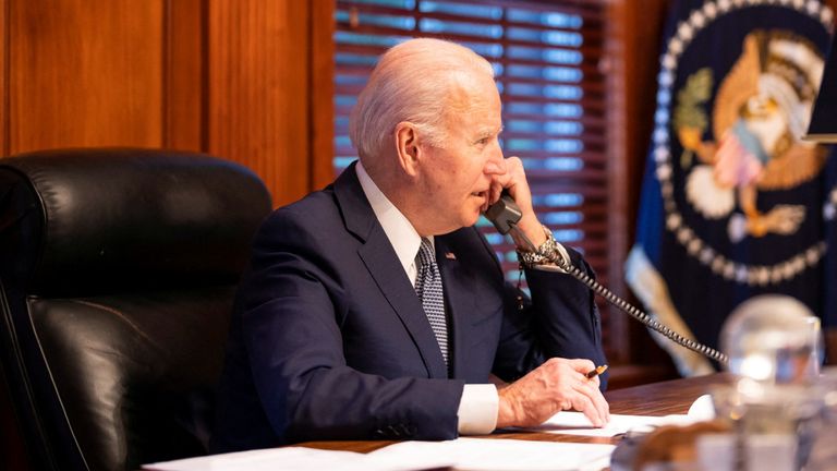 U.S. President Joe Biden speaks with Russia's President Vladimir Putin from his home in Wilmington, Delaware