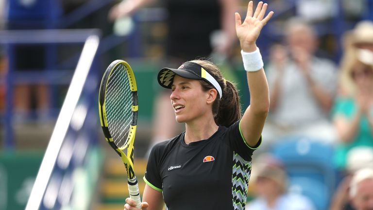 Johanna Konta celebrates her win against Maria Sakkari in the round of 32 match during day three of the Nature Valley International at Devonshire Park, Eastbourne
