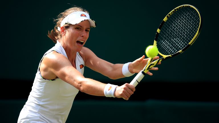 Johanna Konta in action against Petra Kvitova on day seven of the Wimbledon Championships at the All England Lawn Tennis and Croquet Club