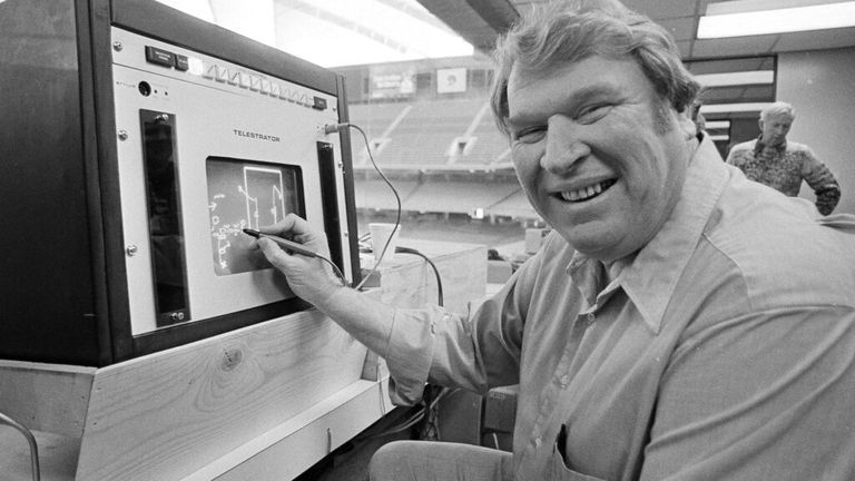 Former Oakland Raiders head coach John Madden, now a commentator for CBS Television practices the electronic charting device 'Telestrator' Jan. 21, 1982 that he will be using to illustrate plays during the Super Bowl on Sunday. Madden, head coach of the Raiders for 10 years, led his team to win Super Bowl XI in Pasadena, Calif. in 1977. (AP Photo)