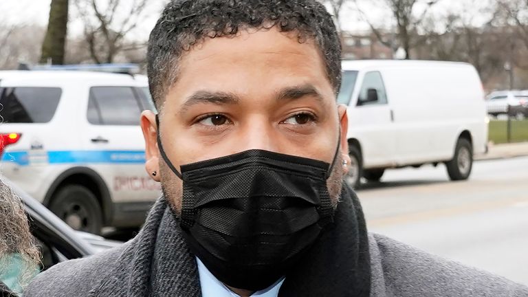 Actor Jussie Smollett pictured outside court in Chicago on his first day of giving evidence at his trial. He is accused of staging  a racist, anti-gay attack on himself in Chicago in 2019. Pic: AP            