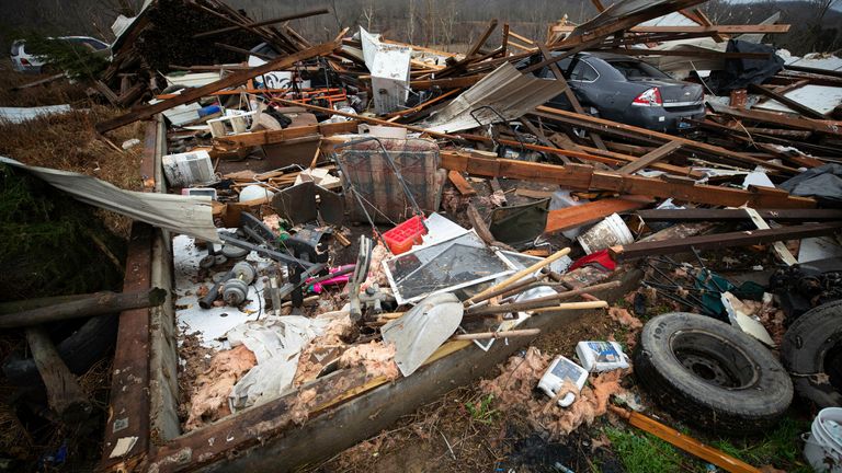 The remains of a property ripped apart by a tornado in Campbellsville, Kentucky. Pic: AP