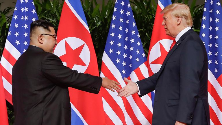 Kim Jong-Un and Donald Trump at the Singapore summit in 2018 Pic: AP