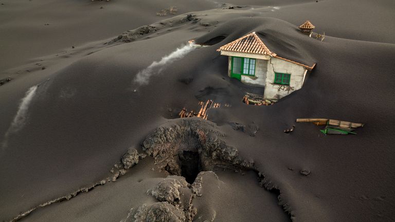 Homes have been covered by ash because of the volcano eruption