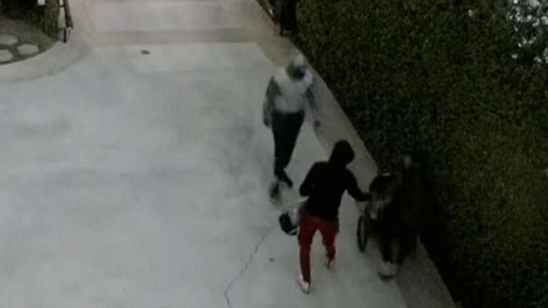 Follow-home robbers targeted a mother with a baby in a stroller after she opened the gates to her home in Los Angeles.