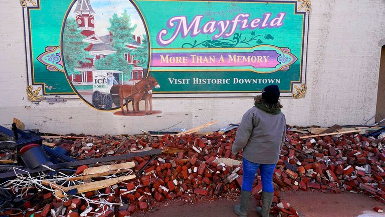 Parts of downtown Mayfield in Kentucky have been reduced to rubble. Pic: AP 