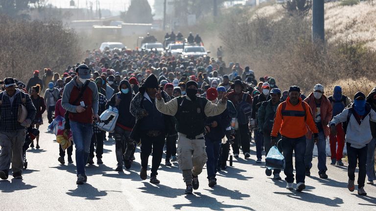 Migrant caravan heads toward Mexico City, in San Miguel Xoxtla