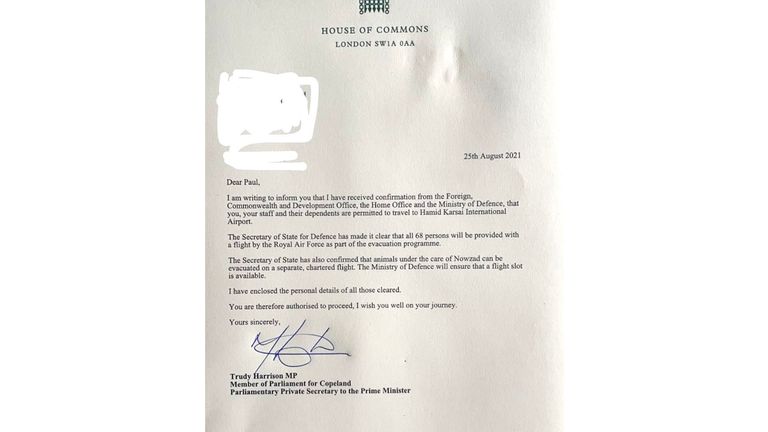 Image taken from Mollie Malone's Twitter feed Caption reads 'NEW: A letter was sent from PM PPS Trudy Harrison on August 25 assuring Pen Farthing that her staff and emails could be evacuated.  This despite number 10 repeatedly denying that he had any involvement in the process.  Source: Mollie Malone