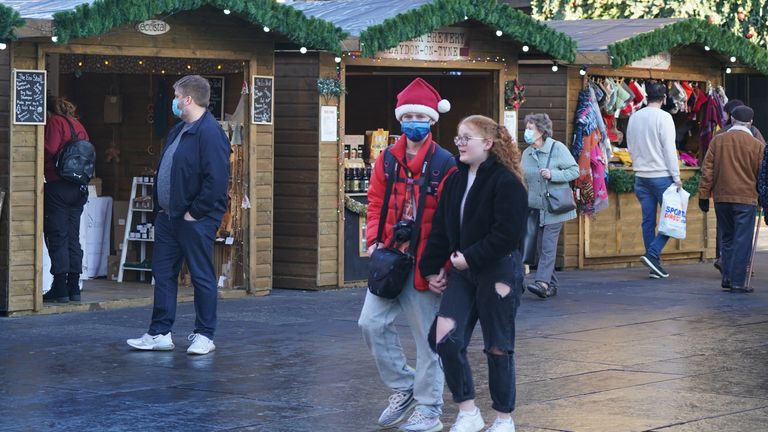 Shoppers in the near empty Christmas Market in Newcastle city centre. Customers have been staying at home in the crucial run-up to Christmas as consumer confidence has been knocked by new coronavirus restrictions and increasing health warnings. Picture date: Thursday December 16, 2021.
