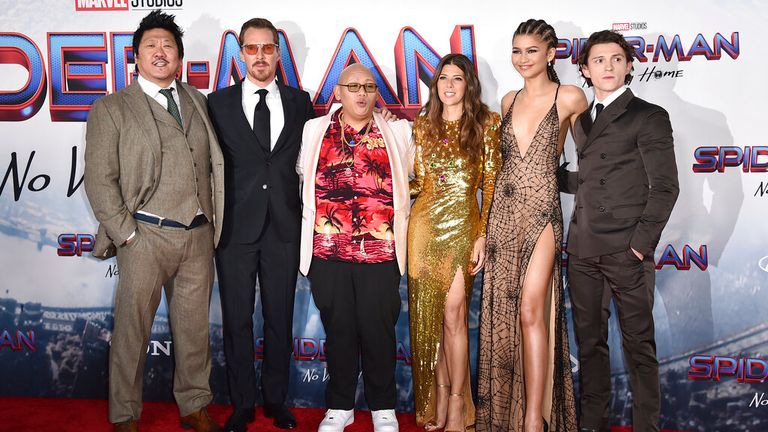 The cast of Spider-Man: No Way Home at the premiere in Los Angeles. Pic: AP