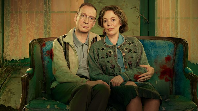 Sky Original drama Landscapers, starring Olivia Colman and David Thewlis, tells the story of a seemingly ordinary couple who become the focus of an extraordinary investigation when two dead bodies are discovered in the back garden of a house in Nottingham. Pic: Sky UK/ HBO/ Sister